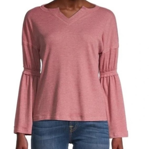 NEW BAEA Los Angeles Pink Waffle Knit Splitneck Pullover with Wide Sleeve NEW - Picture 1 of 16